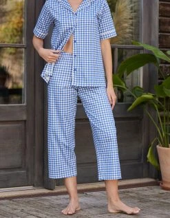 Blancheporte Pyjama Pantalon Court Imprimé Carreaux - Col Tailleur -Blancheport en ligne 703229 C01 zoomx vue3