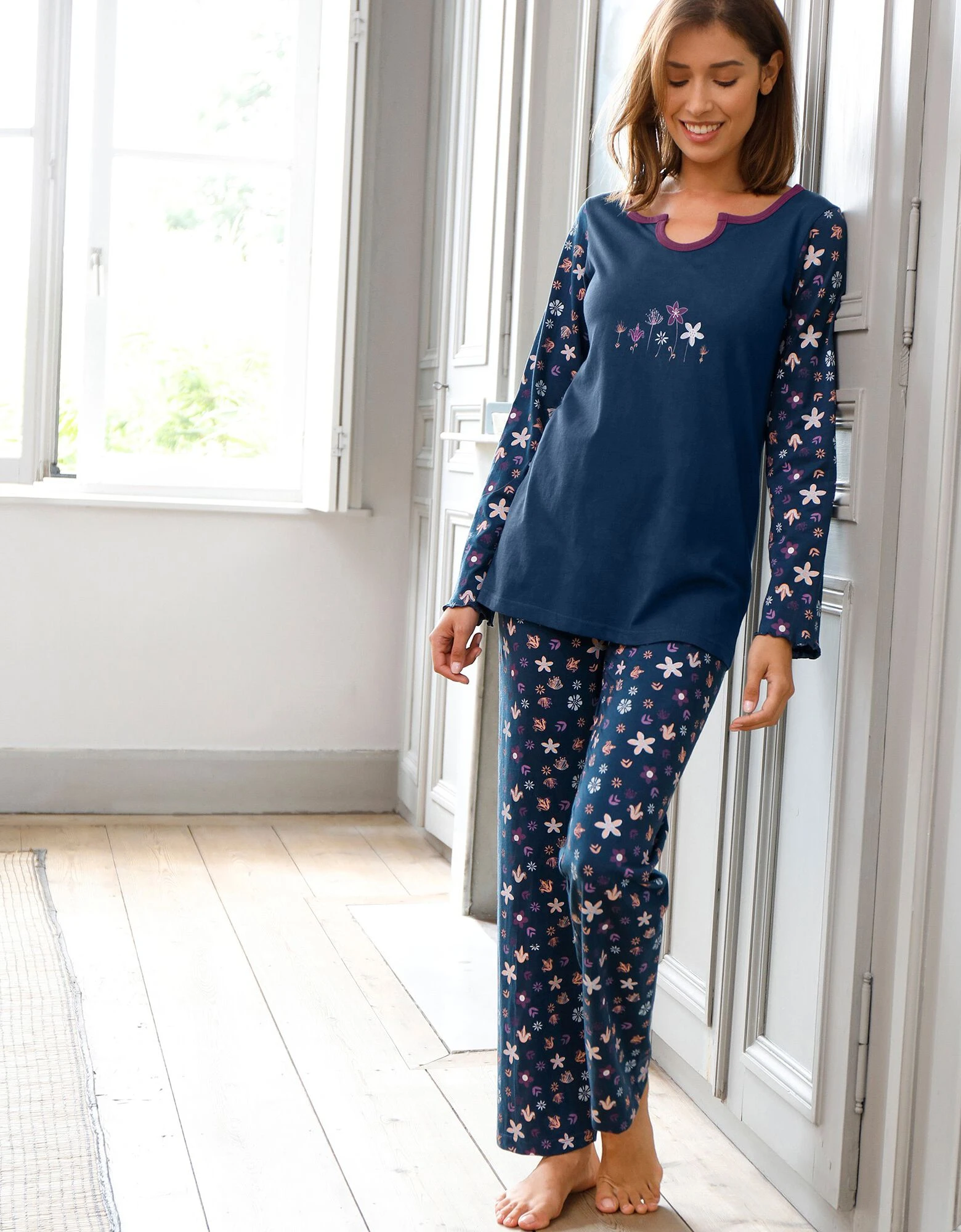 Pyjama pantalon imprimé fleurs - pur coton Blancheporte Pyjama Pantalon Imprimé Fleurs - Pur Coton -Blancheport en ligne