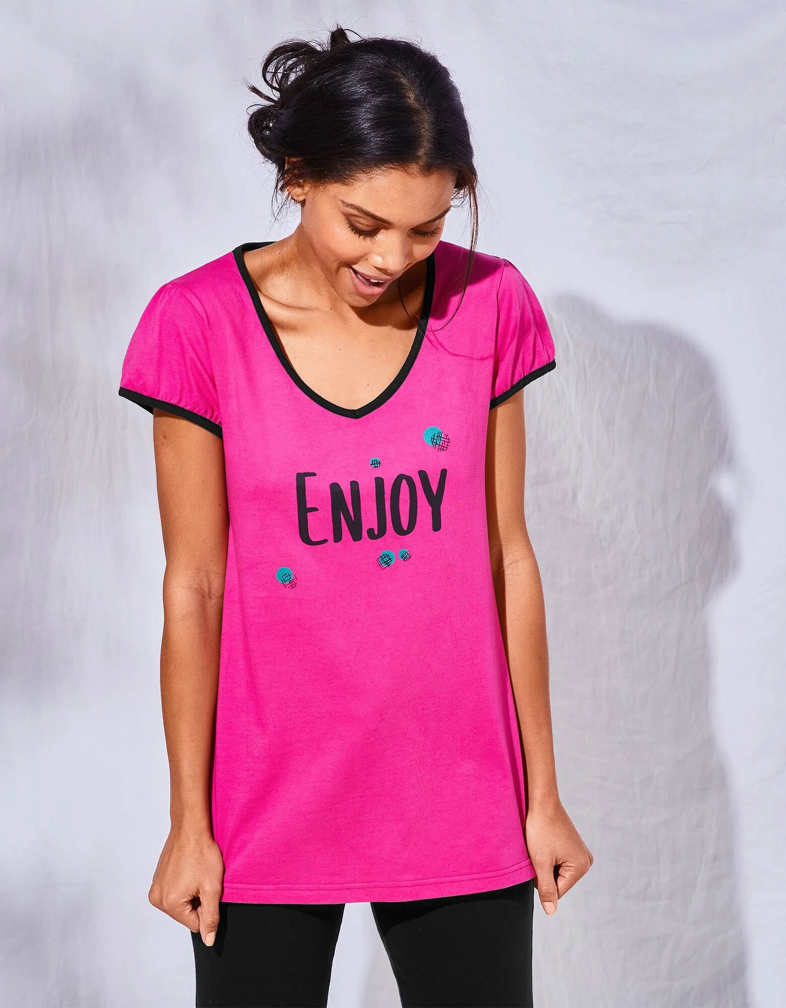 Tee-shirt manches courtes coton uni imprimé placé "Enjoy" Blancheporte Tee-shirt Manches Courtes Coton Uni Imprimé Placé "Enjoy" -Blancheport en ligne