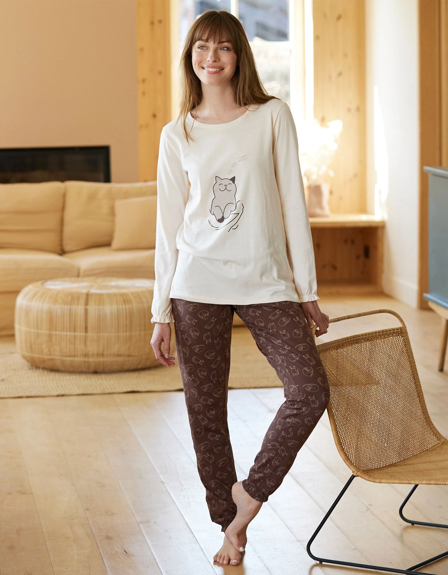 Pyjama motif "chat" manches longues volantées Blancheporte Pyjama Motif "chat" Manches Longues Volantées -Blancheport en ligne