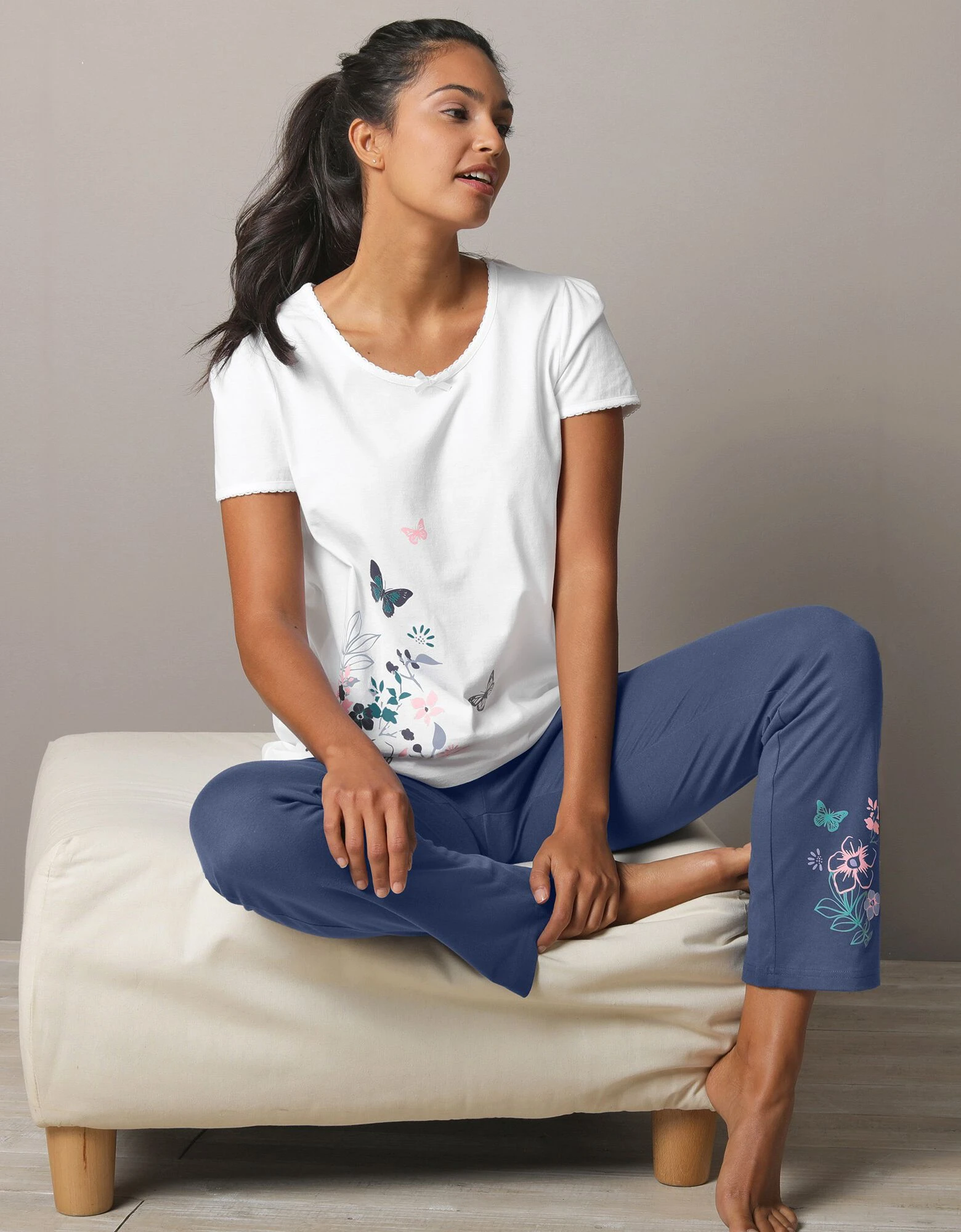 Pantalon imprimé bucolique placé - coton jersey Blancheporte Pantalon Imprimé Bucolique Placé - Coton Jersey -Blancheport en ligne