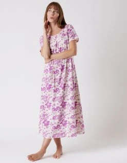 Blancheporte Chemise De Nuit Longue Imprimée Fleurie - Manches Courtes